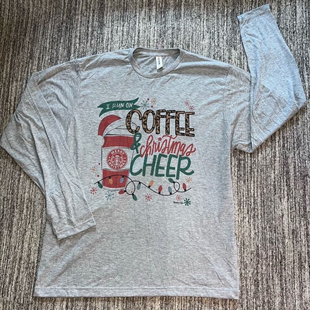 Tultex Women’s Sz XL Coffee & Christmas Holiday Cheer Long Sleeve Shirt Gray